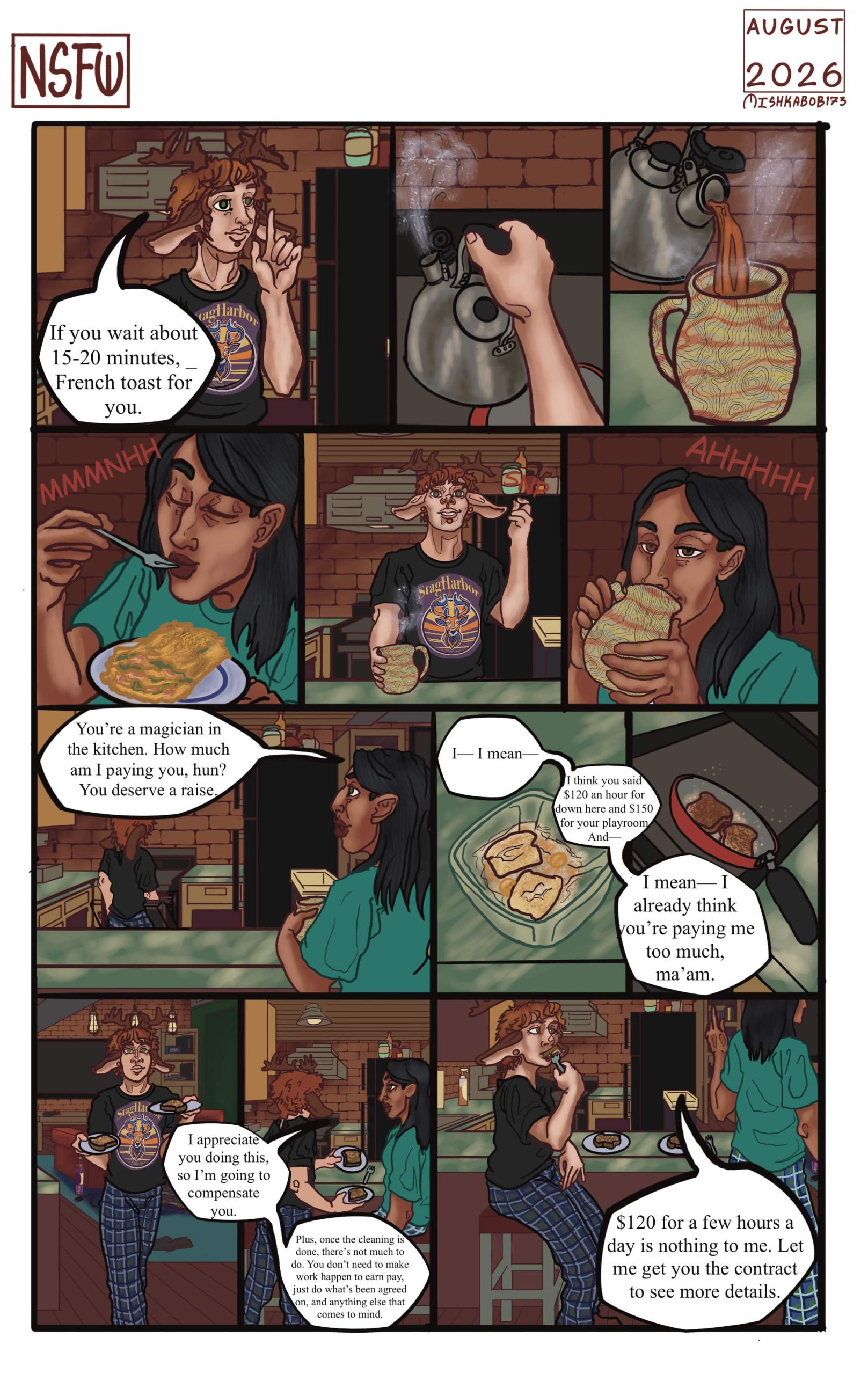 Alan prepares Sena her tea, she takes a bite of her omelette with a 'hmmm' and then receives the tea with a grateful 'ahhhh' She compliments his cooking and he prepares french toast.