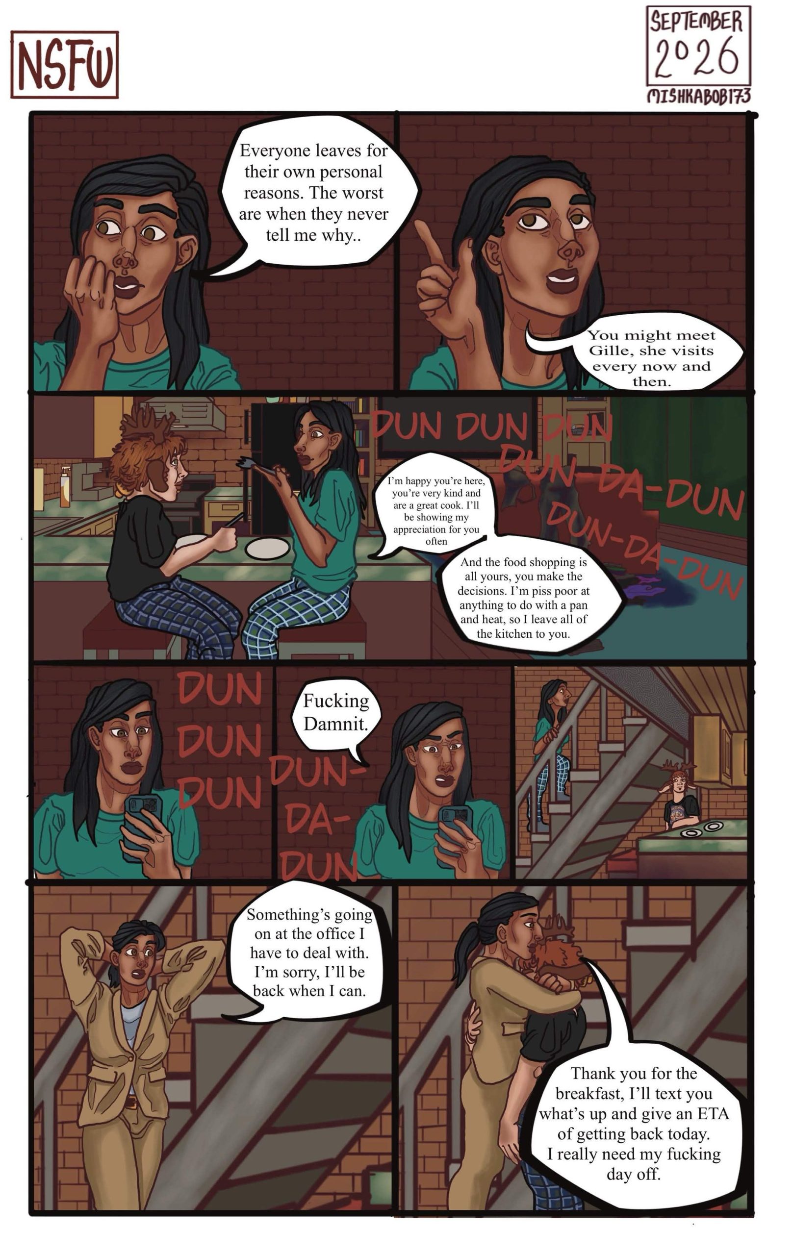 Sena discusses that her subs leave for their own reasons, then gets a phone call. She heads upstairs to change, and then hugs Alan goodbye