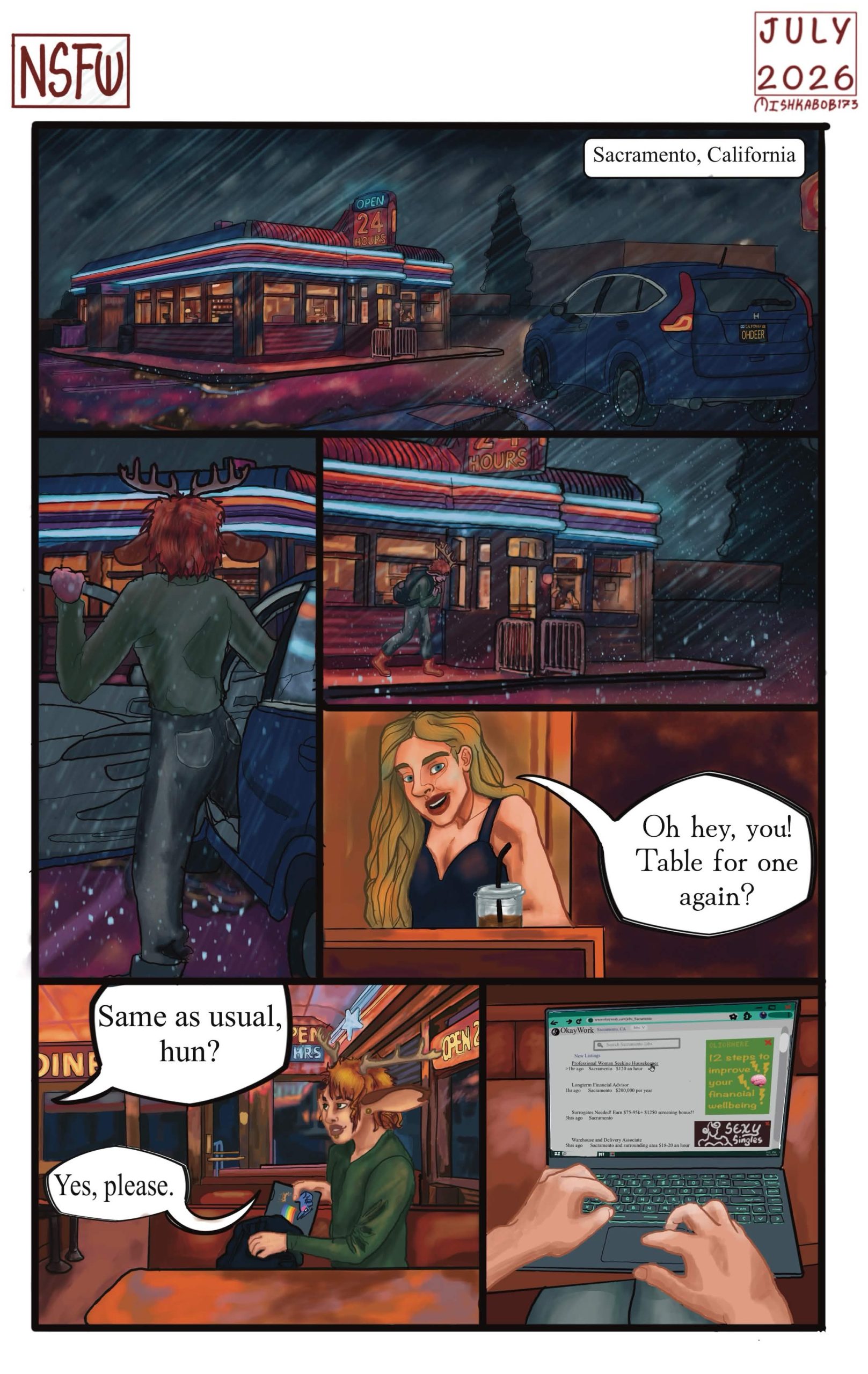A car with the license plate OHDEER pulls into the raining parking lot of a neon-lit 24 hour diner.  A deerboy gets out of the car and goes inside, where he is recognized.  He pulls out his computer as he confirms his order, and opens a work forum called OkayWork.