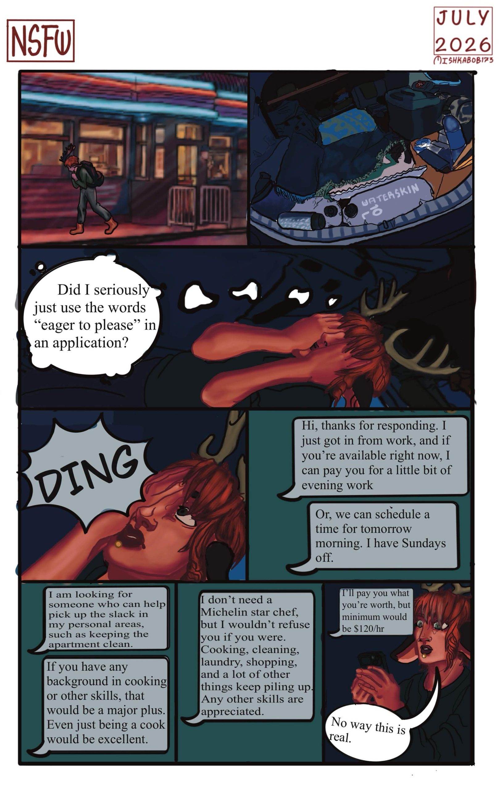 Alan walks outside in the rain, back to his car, which he is obviously living inside of, and then receives a series of text messages regarding his job application that he'd just submitted.
