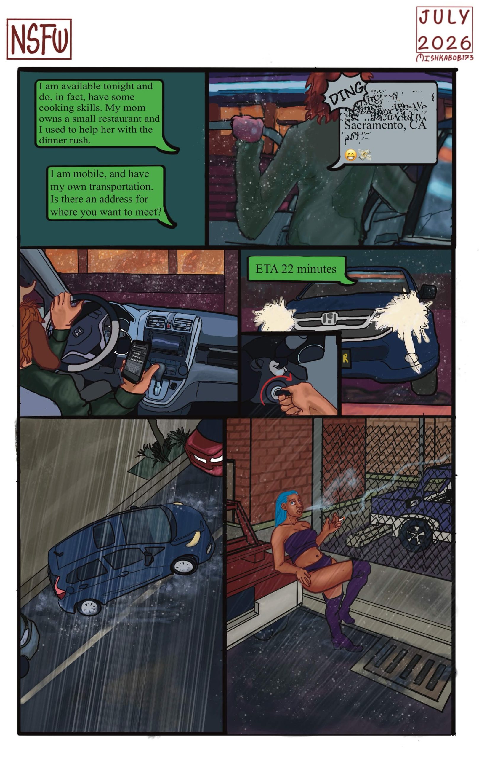 Alan confirms via text that he can make it to the impromptu interview, receives an address, sends back that his ETA is 22 minutes, and starts the car.  The next panel shows him arriving at his destination.