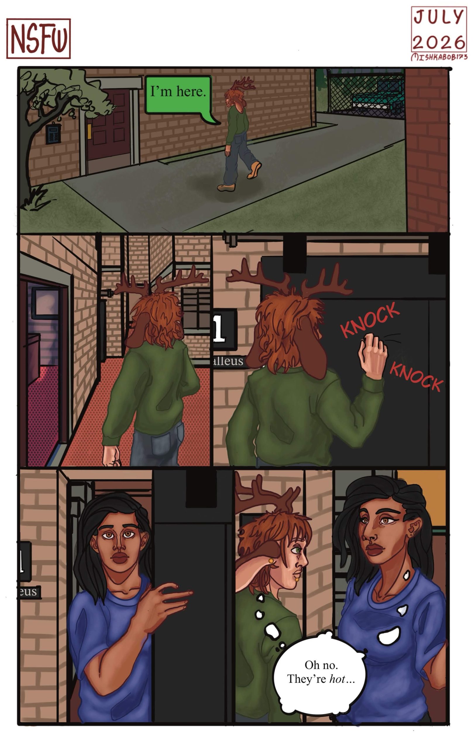 Alan gets out of his car, approaches Sena's apartment and lets her know that he's here, is let inside, and knocks at her door, which she answers.  They both have a "oh no, they're hot" moment.