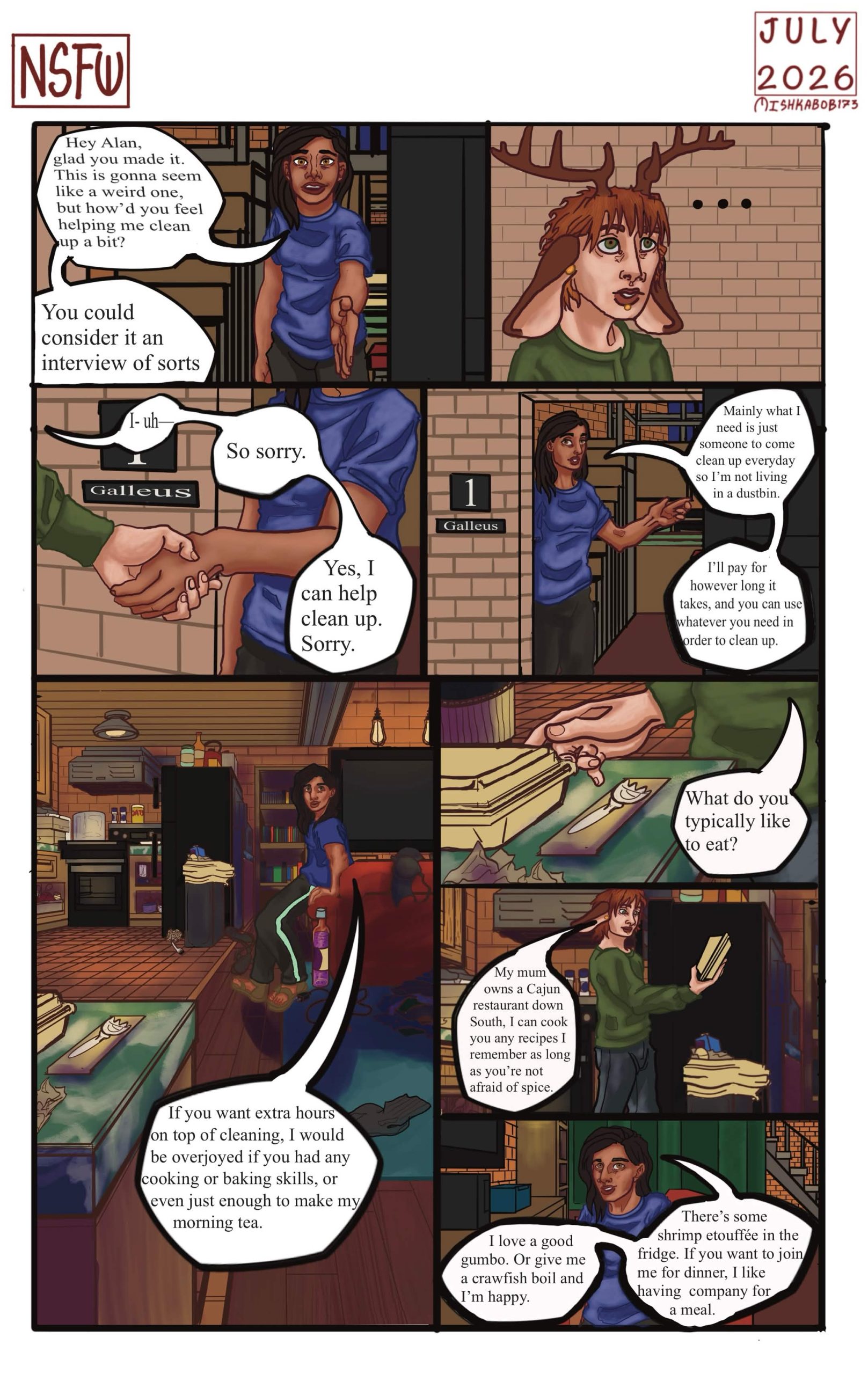 Sena invites Alan inside, and they talk about the job and food while Alan starts to clean up.